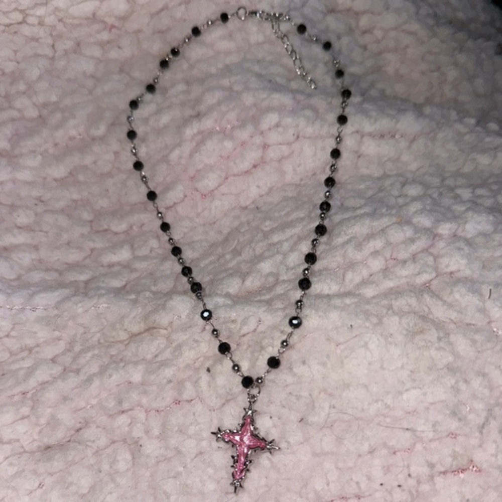 Pink and Black Beaded Cross Necklace